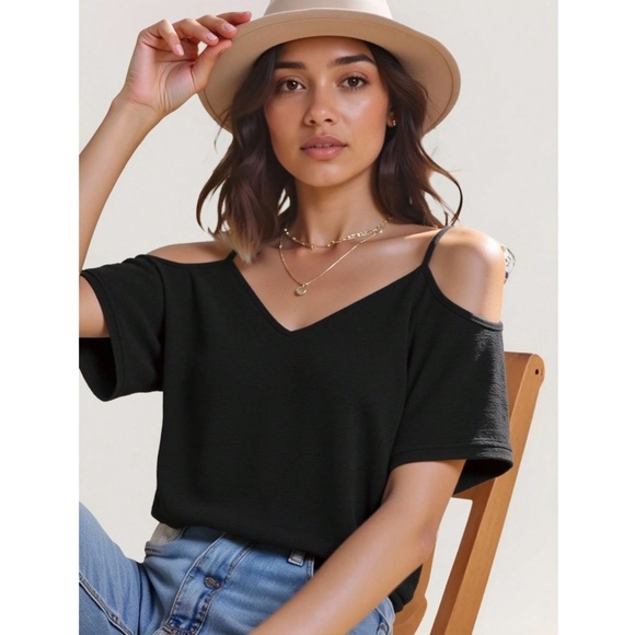 Black Casual Tee Shirt Cold Shoulder Short Sleeve - Picture 8 of 13